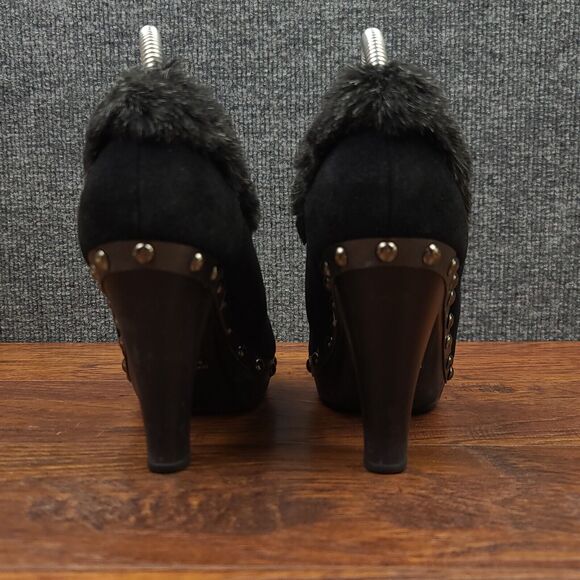 Colin Stuart Faux Fur Trim Heels Womens 8 Black Leather Fabric Studded Dress - Picture 7 of 11